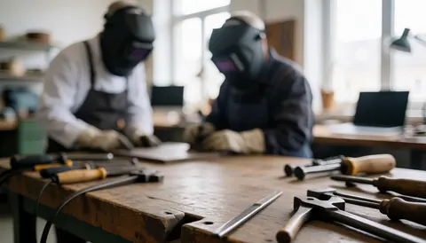 Blurred workshop background with metal tools and welders wearing helmets, natural light from windows