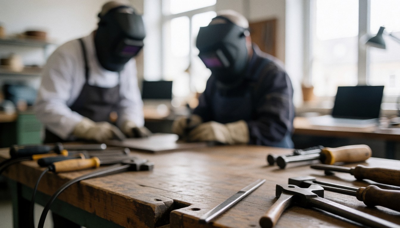 Blurred workshop background with metal tools and welders wearing helmets, natural light from windows