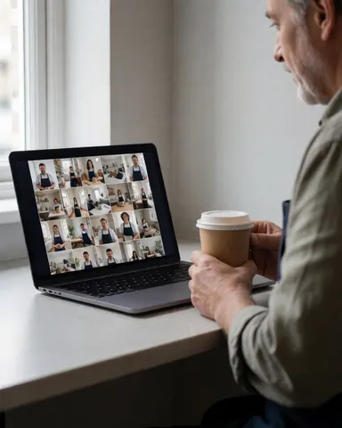 Photographer reviewing photos on laptop in a cafe with natural light and light gray walls