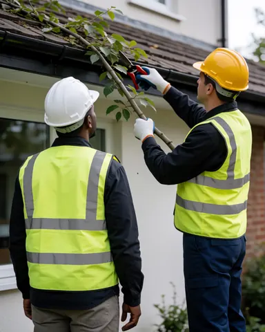 Technician wearing safety gear cuts a tree branch on a residential roof while a client watches nearby.