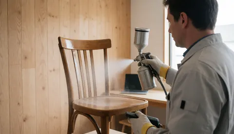 Technician applying spray finish to a wooden chair in a workshop with wood walls, ideal for furniture repair businesses.