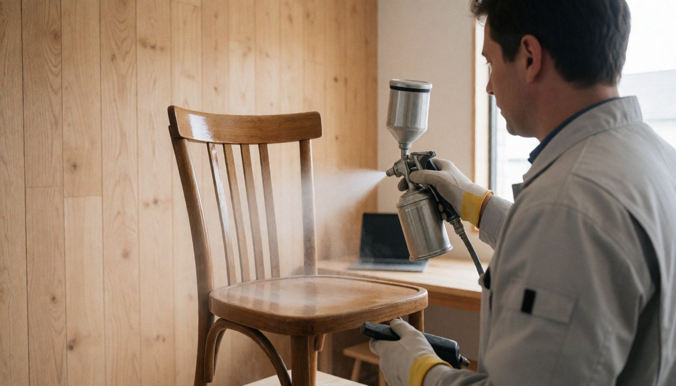 Technician applying spray finish to a wooden chair in a workshop with wood walls, ideal for furniture repair businesses.