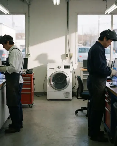 Technician working on a white dryer in a repair shop with visible tools and natural light.