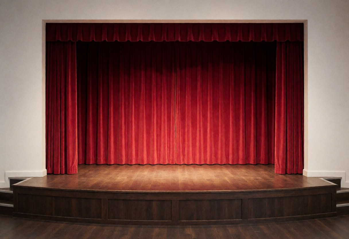 An empty dance stage featuring a polished wooden floor and draped red curtains, suitable for recitals and professional events.