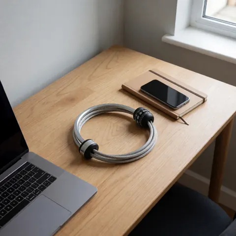A coiled cable lock rests on a light wooden desk alongside a smartphone and a notebook, suitable for cyclists traveling.