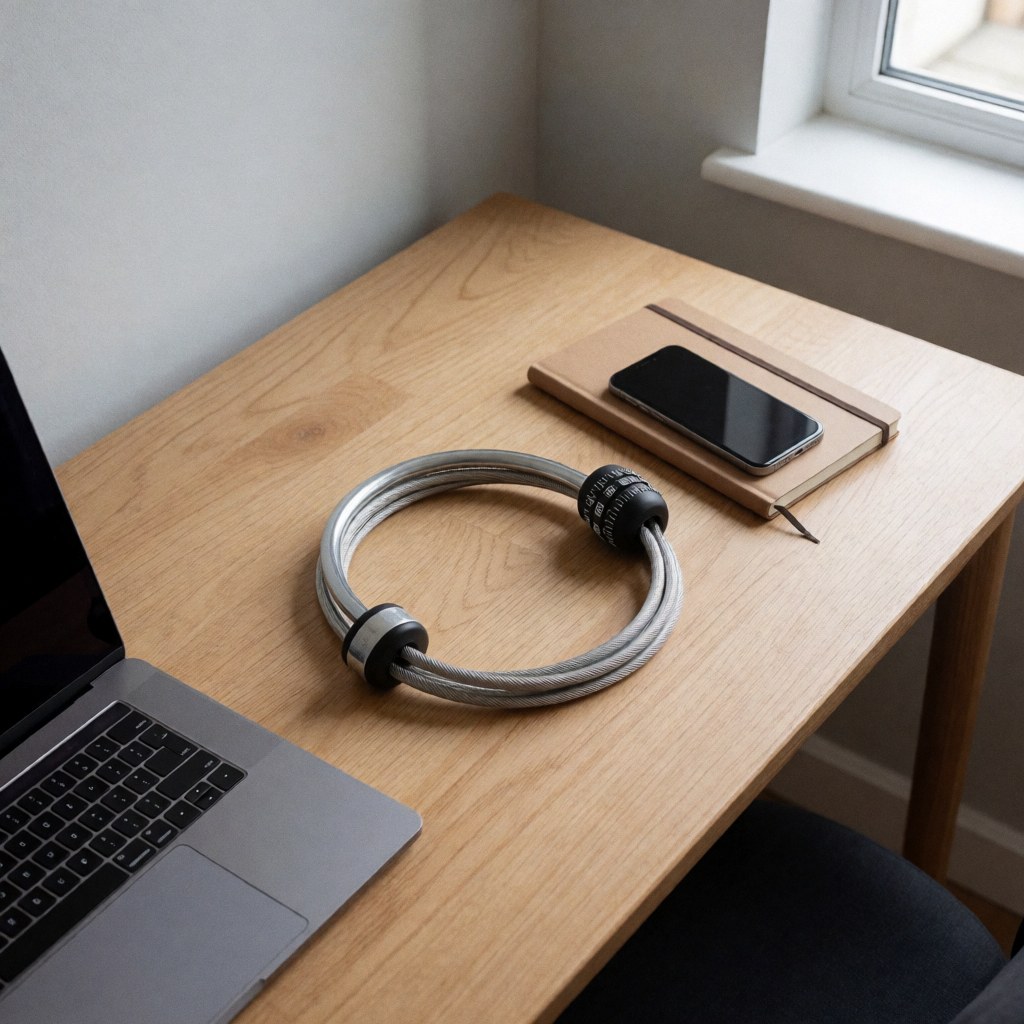 A coiled cable lock rests on a light wooden desk alongside a smartphone and a notebook, suitable for cyclists traveling.