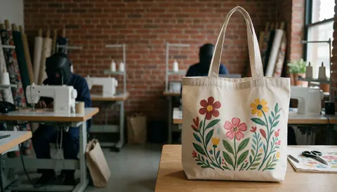 Close-up of a floral tote bag with sewing machines and a brick wall in the background at a craft workshop.