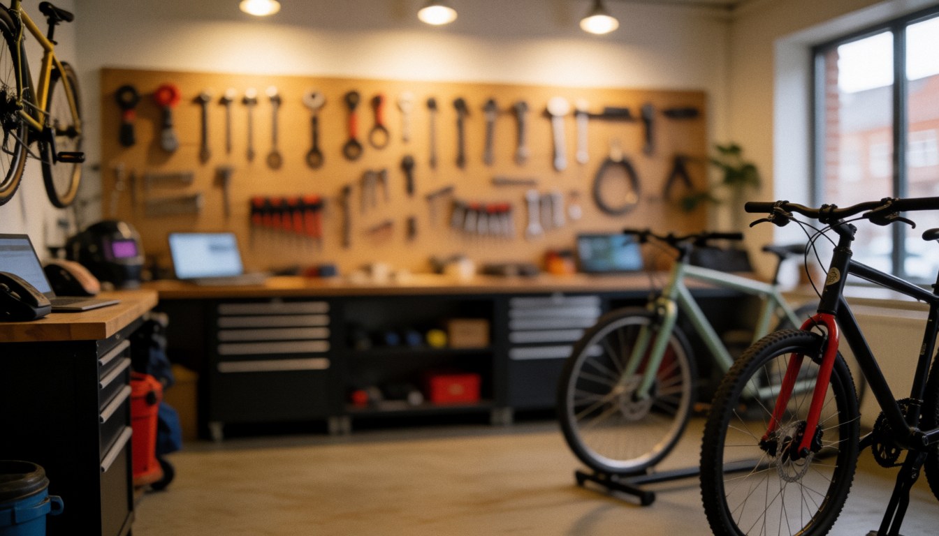 Bicycle repair workshop featuring tools mounted on the wall, bikes on stands, work tables, warm lighting, and a professional atmosphere.