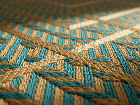 Macro shot of a banquet tablecloth featuring a geometric pattern with visible turquoise and gold threads and warm lighting