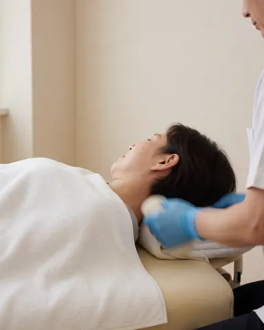 Professional applying cold compression therapy to a client's neck in a clean modern clinic setting
