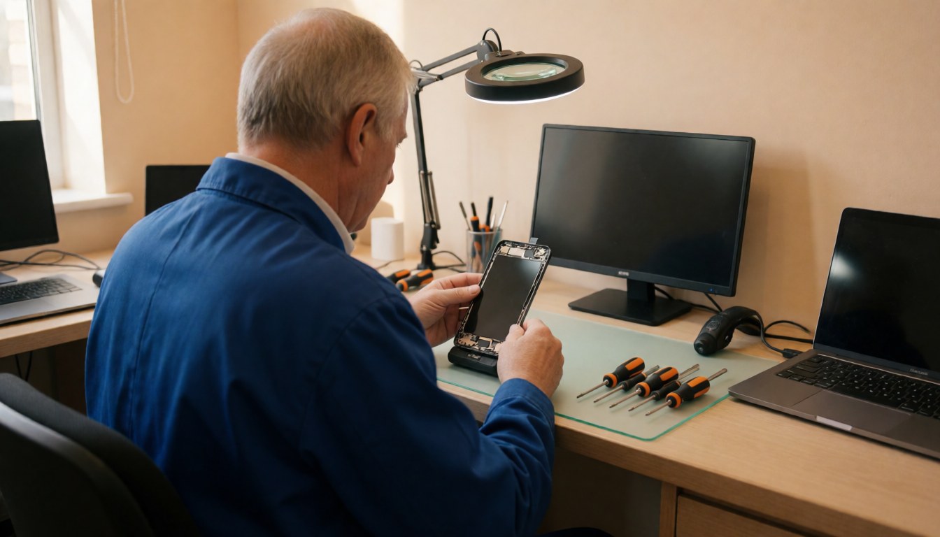 Electronics repair technician installing a new LED screen on a disassembled phone with tools and magnifying glass on a workbench.
