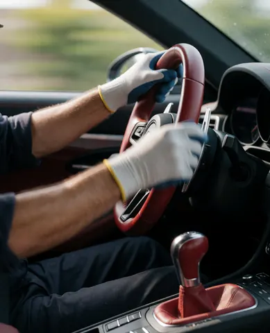 Close-up of gloved hands shifting gears in a sports car with a red steering wheel and metal levers