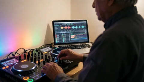 A DJ operates a music controller with a laptop displaying sound waves while stage lights illuminate the background walls.