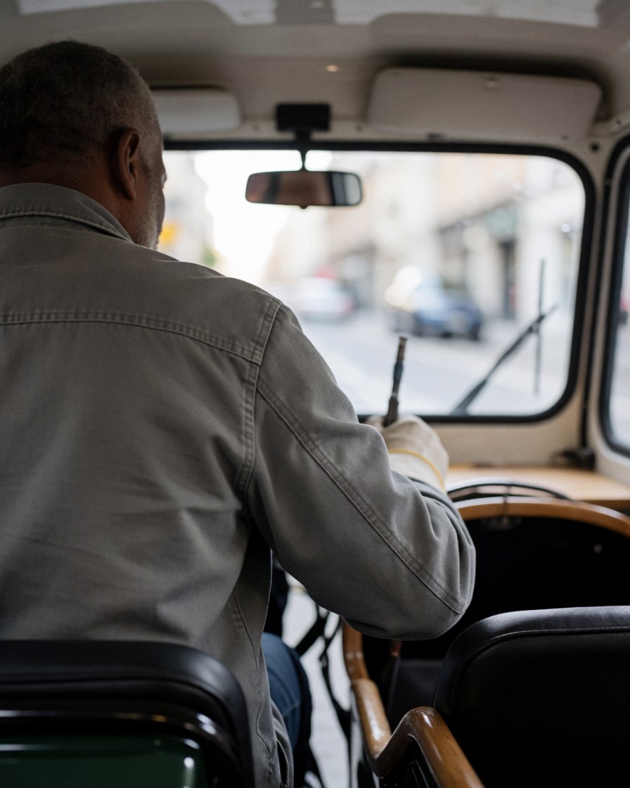 Back view of a motorcycle taxi driver in his vehicle holding a tool on an urban street