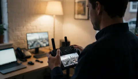 Close-up of hands holding a drone remote controller with a blurred city view in the background