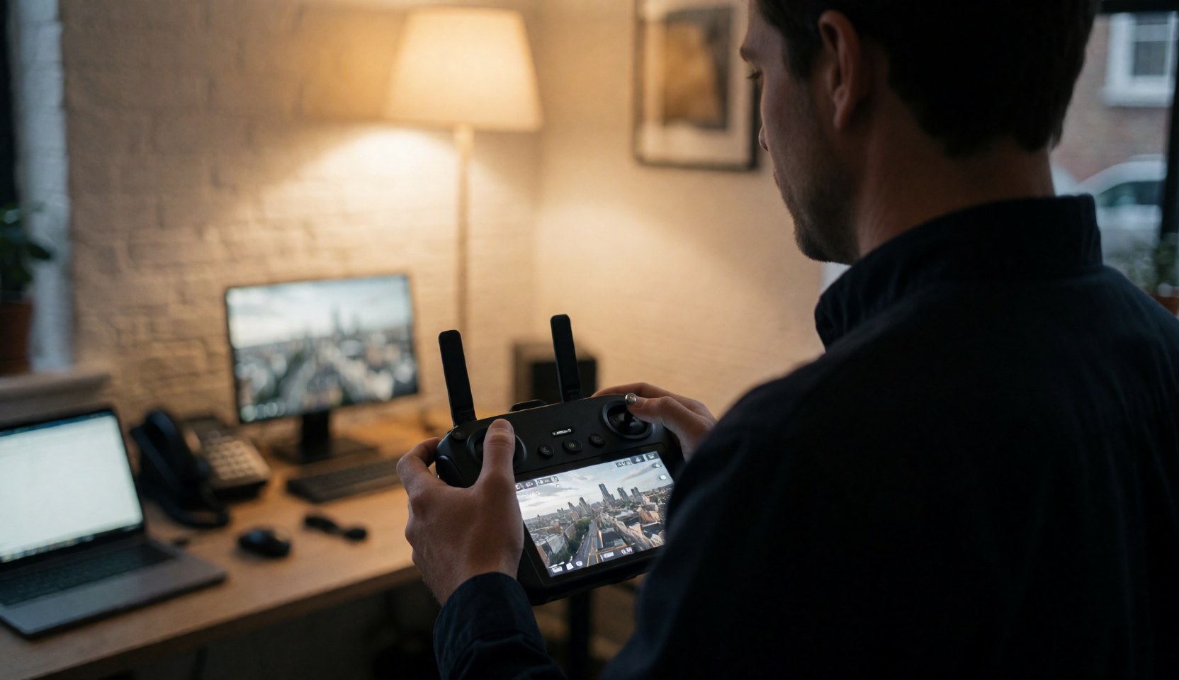 Close-up of hands holding a drone remote controller with a blurred city view in the background