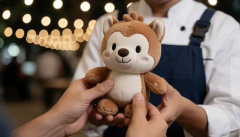 A plush themed park mascot held in hands with warm background lights, suitable for souvenir shop product display