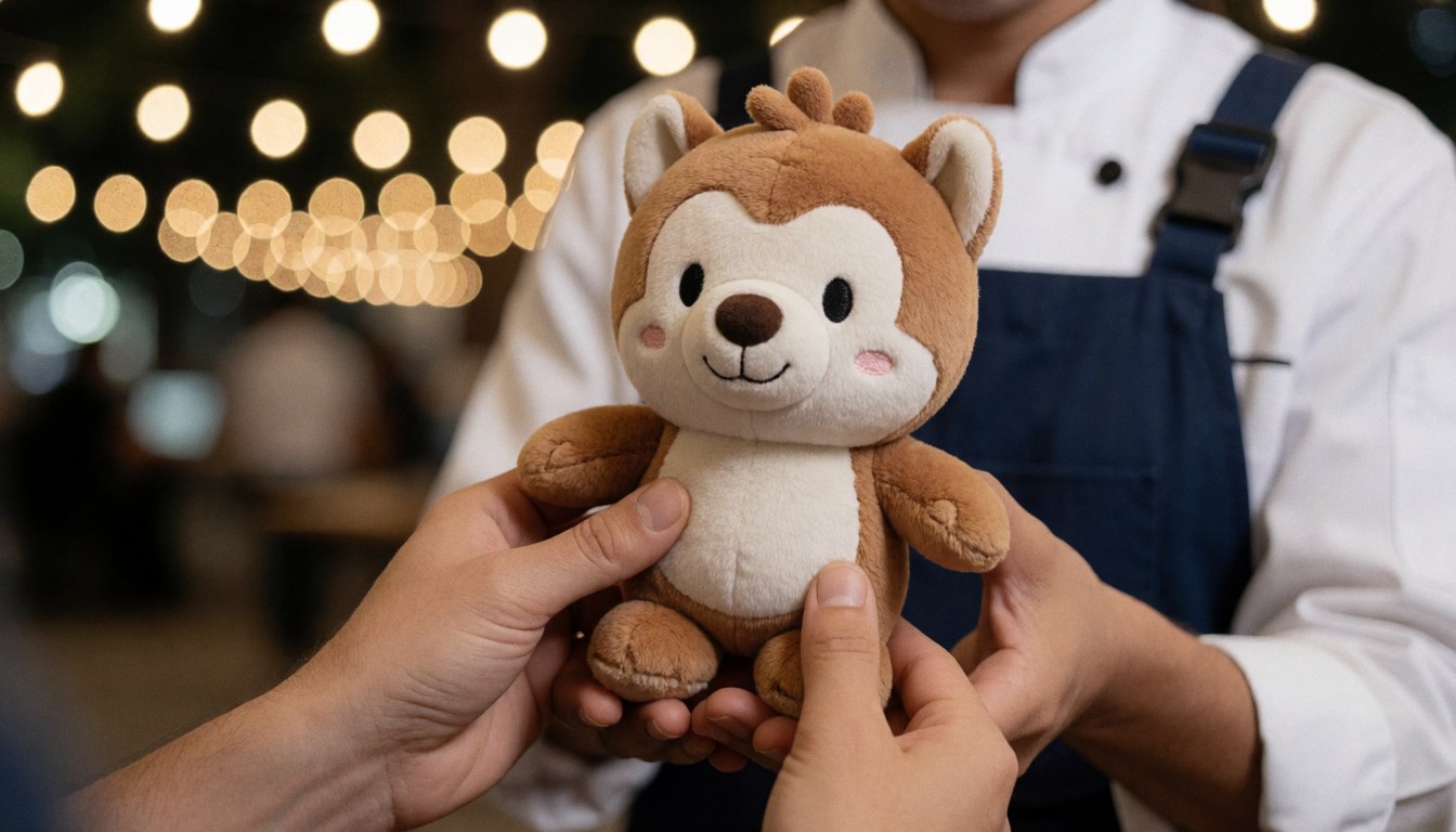 A plush themed park mascot held in hands with warm background lights, suitable for souvenir shop product display