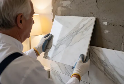 A tiler places a white and gray marble tile on a cement wall in a bathroom under construction, wearing gloves under warm lighting.
