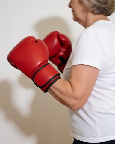Senior woman in motion wearing red boxing gloves against a white wall, suitable for women's self-defense or gym training contexts