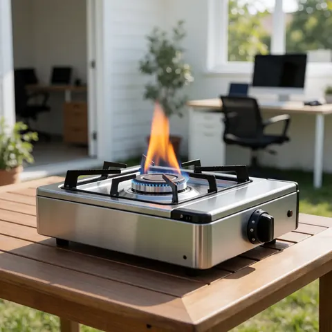 Lit portable stainless steel stove on outdoor wooden table with visible blue flame for camping meals