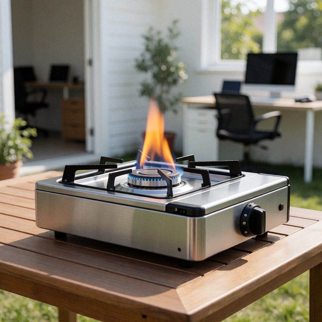 Lit portable stainless steel stove on outdoor wooden table with visible blue flame for camping meals