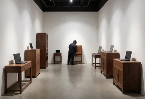 Craftsman adjusting a wooden cabinet in a showroom with white walls, polished concrete floor, and industrial lighting