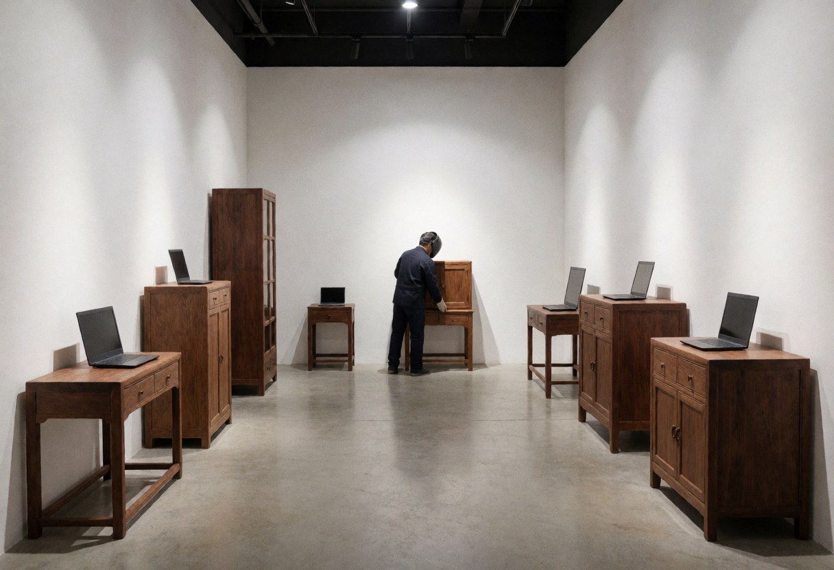 Craftsman adjusting a wooden cabinet in a showroom with white walls, polished concrete floor, and industrial lighting