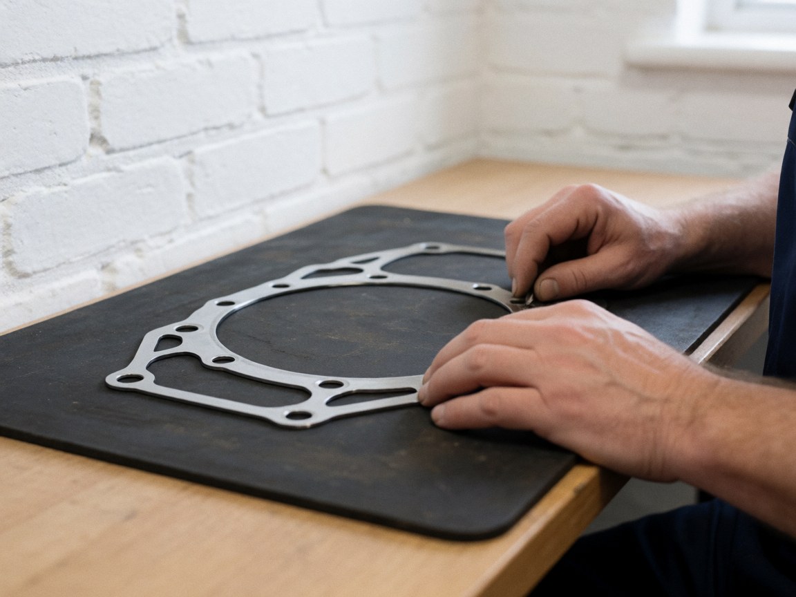 Close-up of a perforated metal gasket resting on a black surface, highlighting industrial precision and manufacturing details.