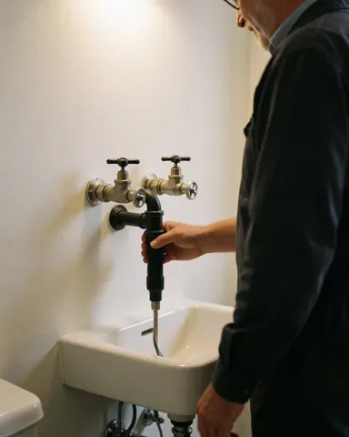 Close-up of a plumber using a drain snake tool to clear a clogged bathroom faucet with water draining out