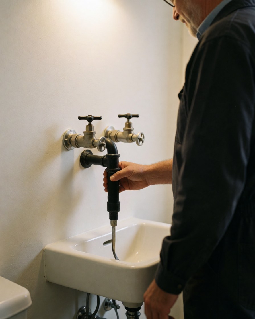 Close-up of a plumber using a drain snake tool to clear a clogged bathroom faucet with water draining out