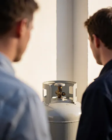 Two technicians inspecting a gas tank in an outdoor area with a white wall and sunset light