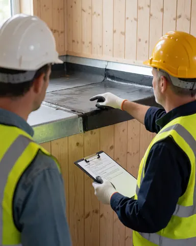Two workers in hard hats and safety vests inspecting a wood wall repair while wearing gloves and holding a clipboard.