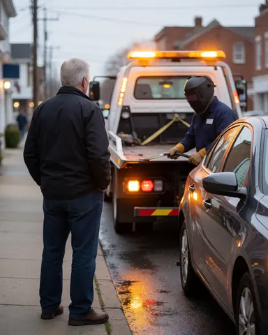 A customer watches a tow truck with yellow lights securing a car with straps on a wet street.