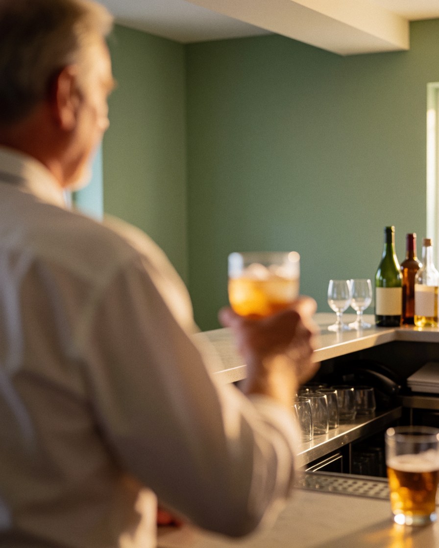 A happy customer holding a beverage at a bar with green walls, visible bottles and glasses, creating a warm and cozy atmosphere.