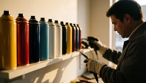 Auto body painter using spray guns in workshop with white walls and warm lighting