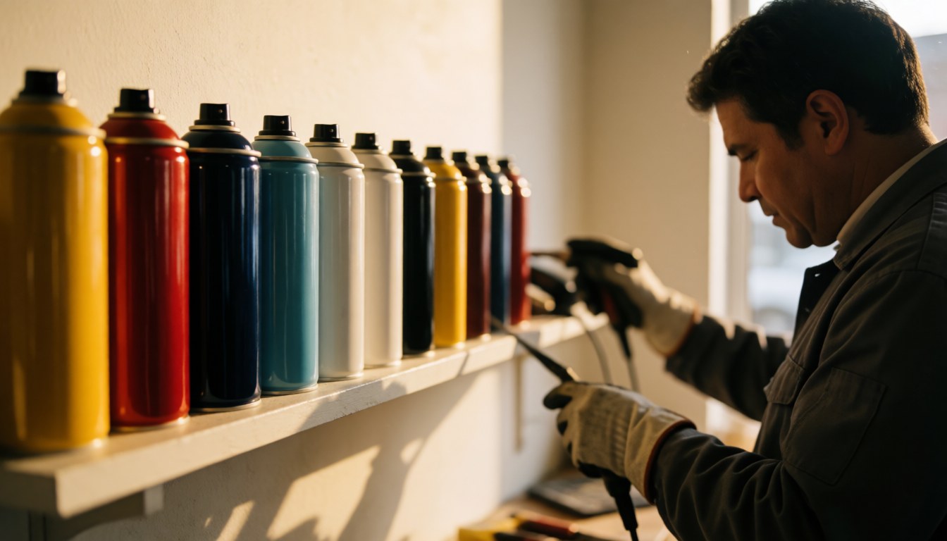 Auto body painter using spray guns in workshop with white walls and warm lighting