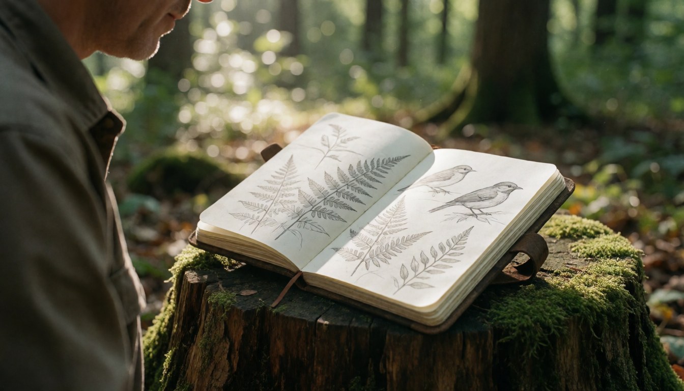 Open sketchbook resting on a moss-covered log in a natural forest setting with soft daylight