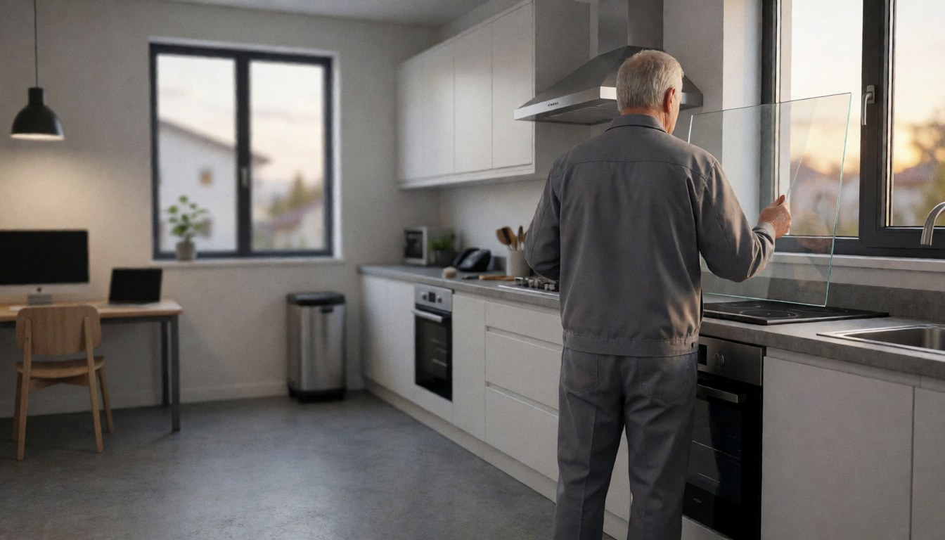 Technician installing a transparent stove screen in a modern kitchen with sunset light, ideal for stove repair business.