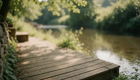Rustic wooden walkway next to a serene river with green vegetation, ideal for rural lodging text backgrounds