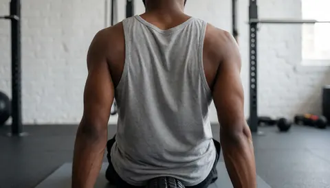 Person using foam roller on mat in gym with white brick walls