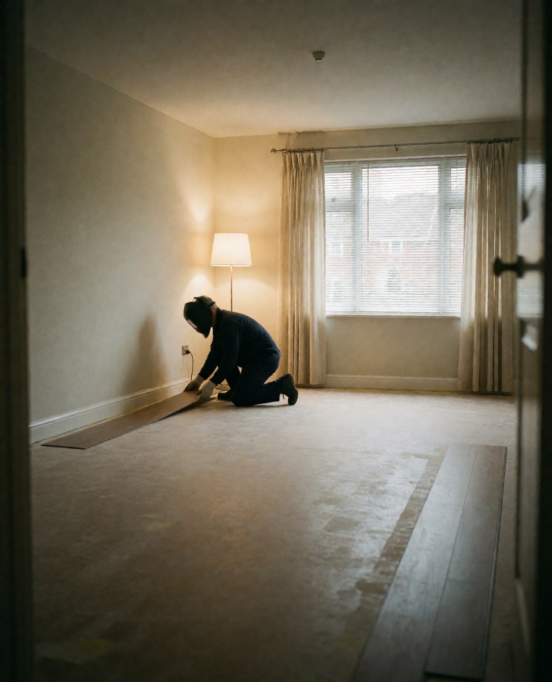 Worker installing vinyl flooring in an empty room with smooth walls and warm lamp light, ideal for flooring installation services.
