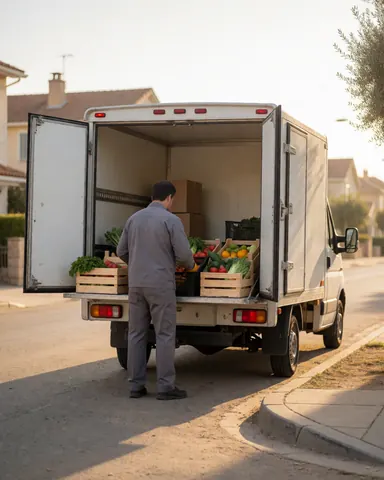A worker loads fresh vegetable boxes into the back of a white truck parked on a residential street during sunset.