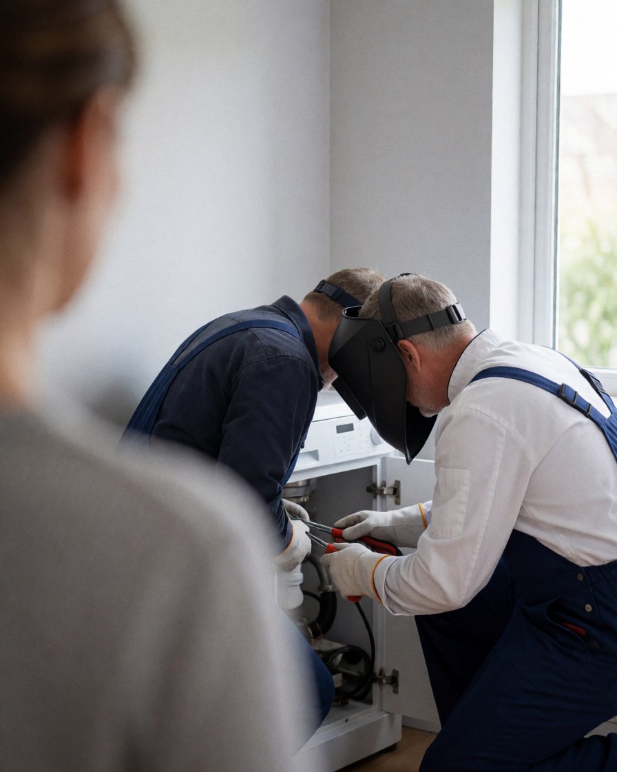 Two technicians wearing gloves repair the plumbing of a washing machine while a client watches from behind in a naturally lit kitchen.
