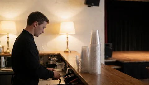 Wooden bar counter with stacked plastic cups, employee working, black curtains and stage in background for entertainment venue