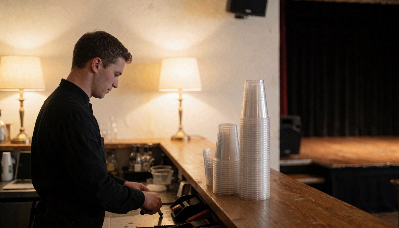 Wooden bar counter with stacked plastic cups, employee working, black curtains and stage in background for entertainment venue