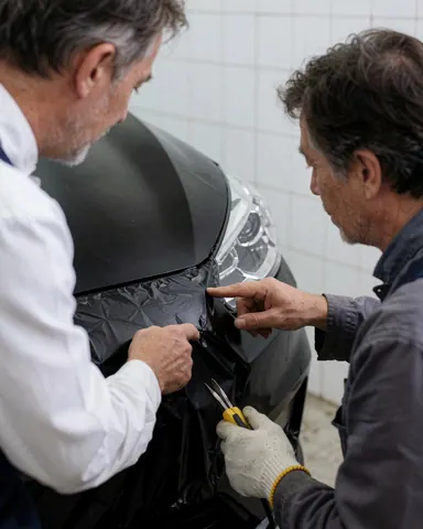 Customer checking black vinyl wrap on vehicle hood while professional installer adjusts it with a tool in a workshop with white tiled walls