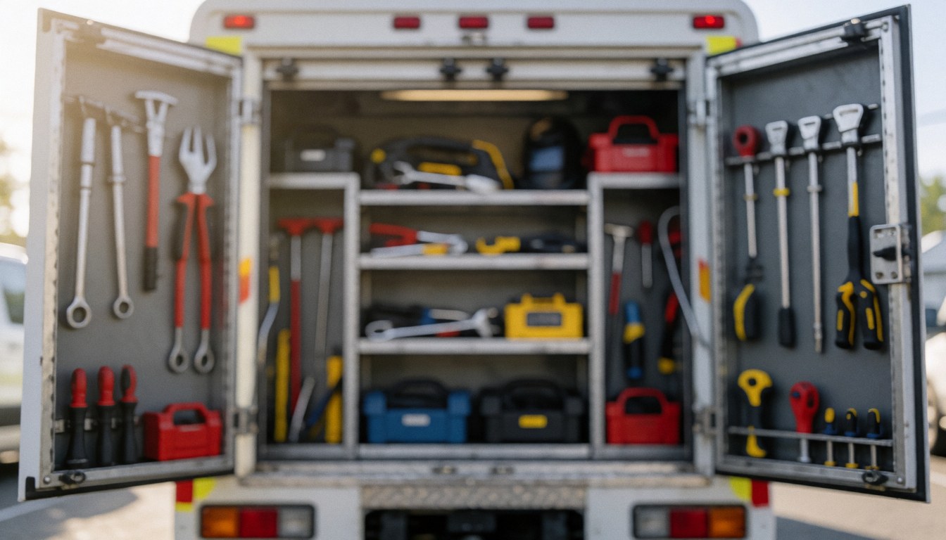 Organized HVAC service tool box with various tools ready for heating repair work, serving as a background for text.