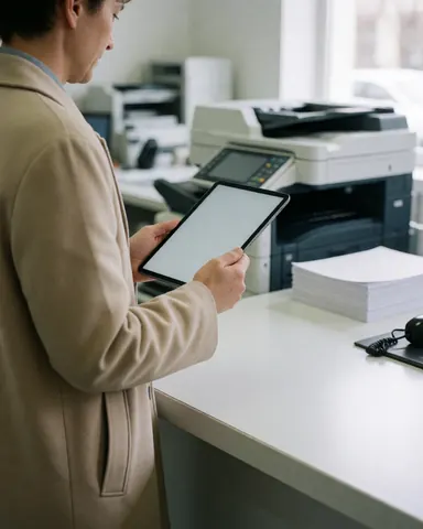 A person in a beige coat holds a tablet while standing in front of an industrial copier with a stack of A4 paper on a white table.