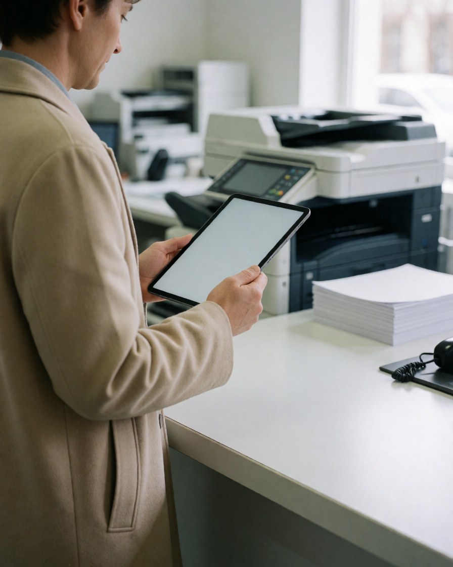 A person in a beige coat holds a tablet while standing in front of an industrial copier with a stack of A4 paper on a white table.